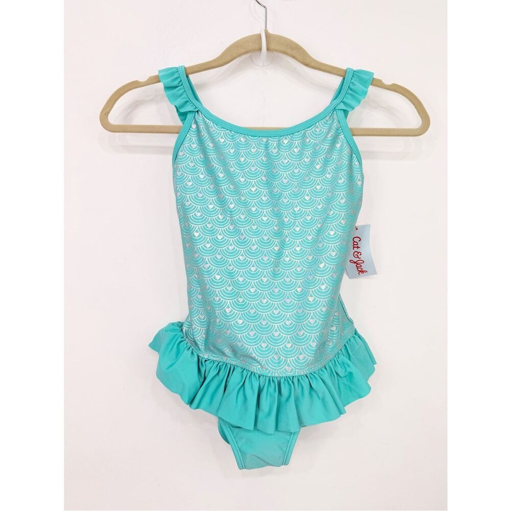 Cat & Jack Turquoise Silver Scallop Heart Ruffle One Piece Swim Bathing Suit